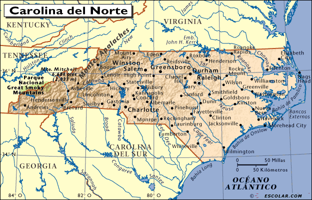 Mapas Escolar com Mapa Carolina del Norte